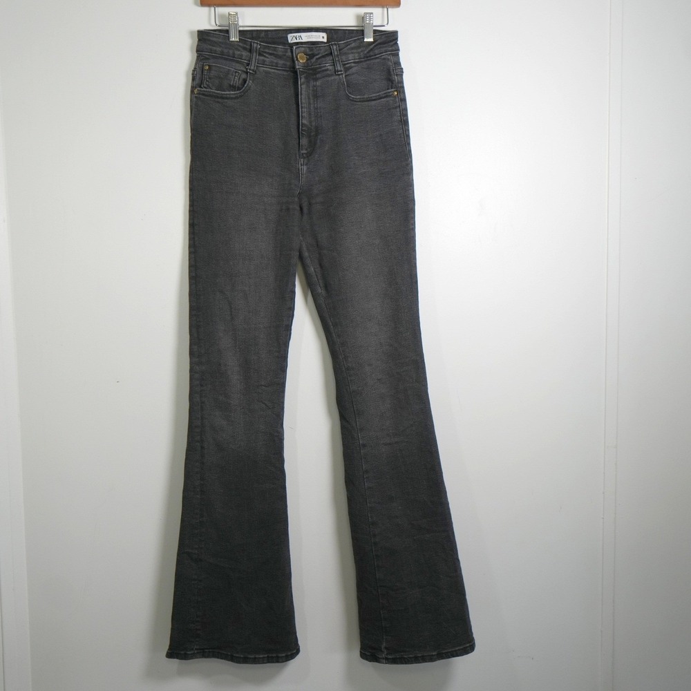 Zara Flare Jeans Womens 6 Black High Rise Washed Denim Retro Boho‎ 70s Style